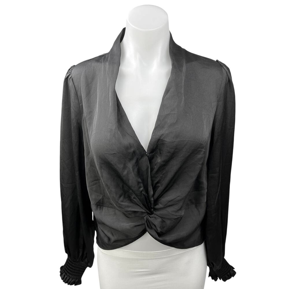 AQUA Black Silk Satin Long Sleeve Smocked Cuffed Deep V Neck Blouse Top Size S